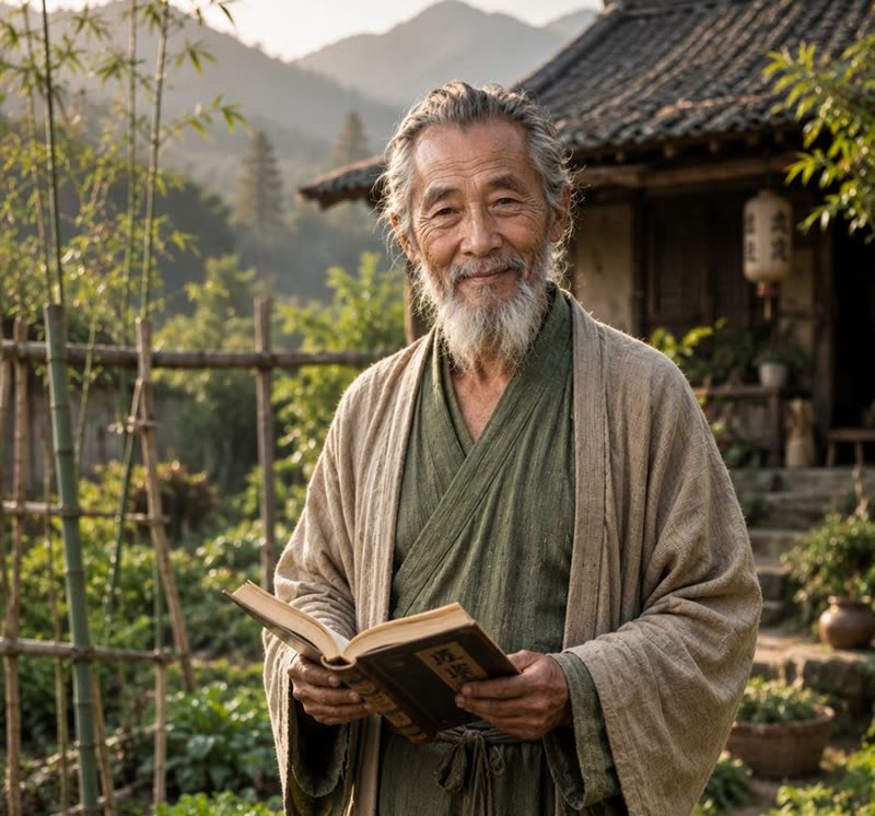 El Maestro Chen en su huerta, con su libro de botánica en las manos